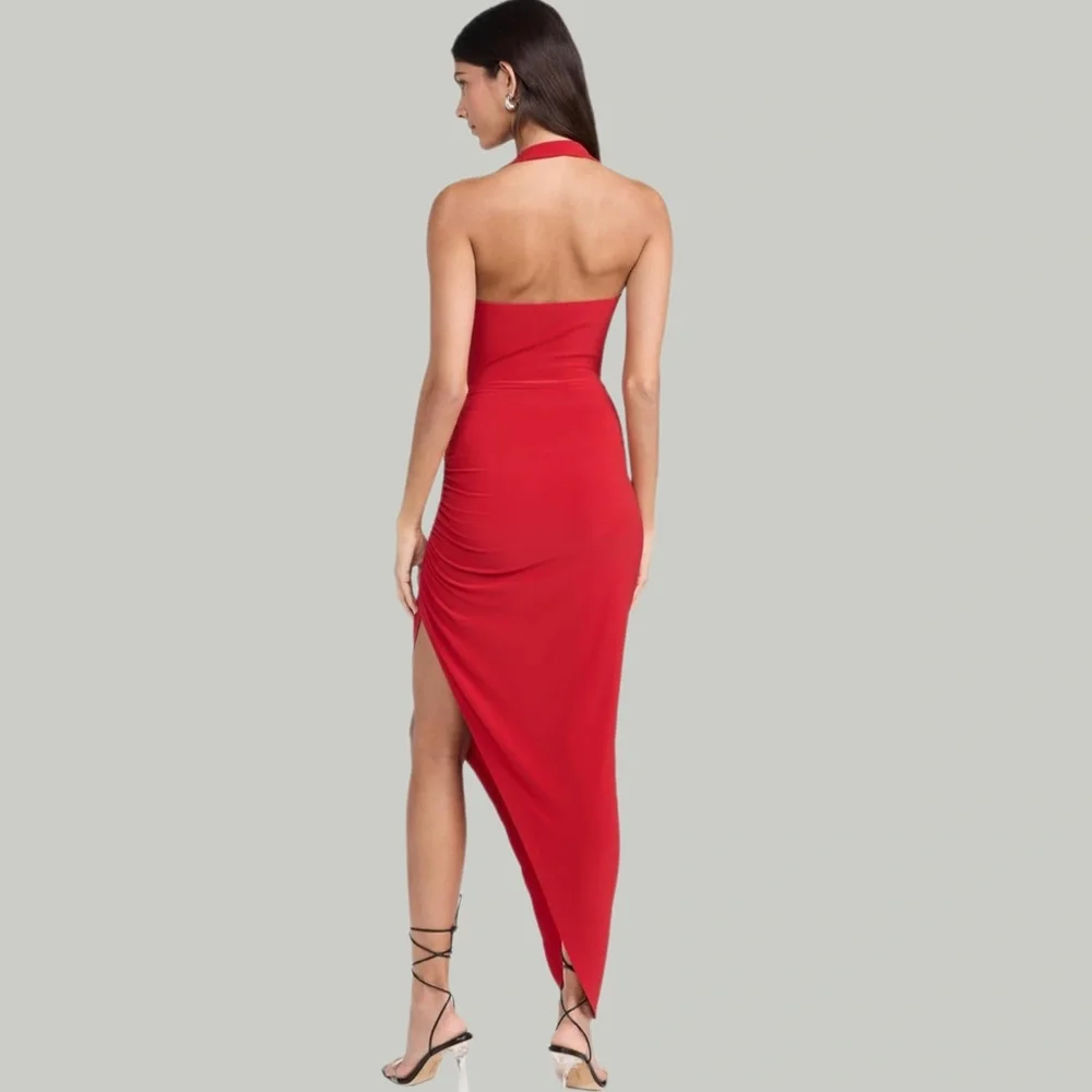 NWT Norma Kamali Red Asymmetrical Bodycon Dress w/ Slit & Ruching - Tiger Red-XS - Picture 2 of 8